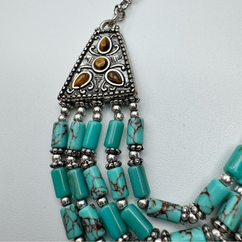 Vintage Turquoise Silver Adjustable Necklace Gemstone Embossed - Picture 10 of 12